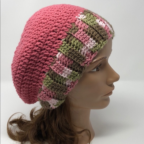 Pink camo slouchy beanie hat New hand crochet by me - Picture 4 of 4